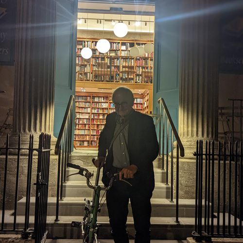 Henry Marsh and his bicycle leave the bookshop